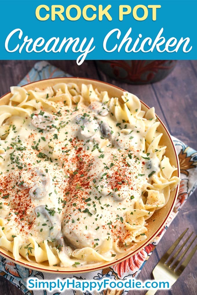 Crock Pot Creamy Chicken Breasts are the most delicious chicken breasts we have had from the slow cooker! So simple to make, and they don't take as long to cook as some other slow cooker recipes. Give this slow cooker creamy chicken breasts recipe a try. It's delicious! Slow cooker chicken breasts recipe by simplyhappyfoodie.com #slowcookerchickenbreasts #crockpotchickenbreasts