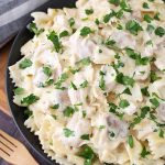 Close up of Leftover Turkey Pasta on a black plate