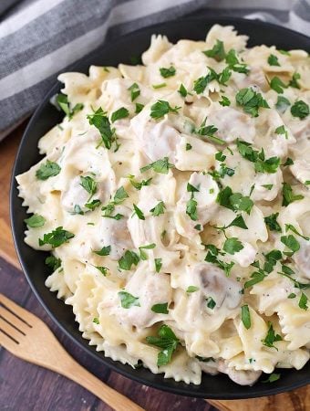 Close up of Leftover Turkey Pasta on a black plate