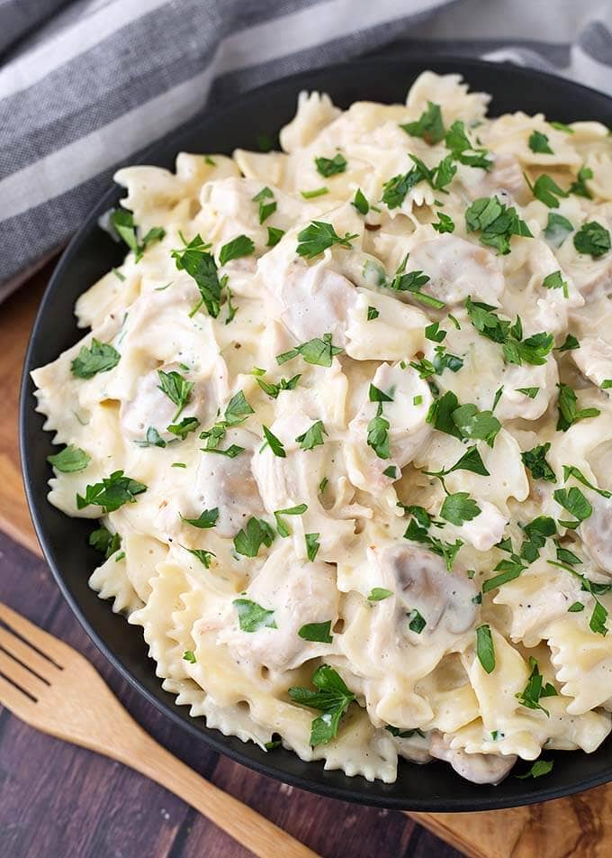 Close up of Leftover Turkey Pasta on a black plate