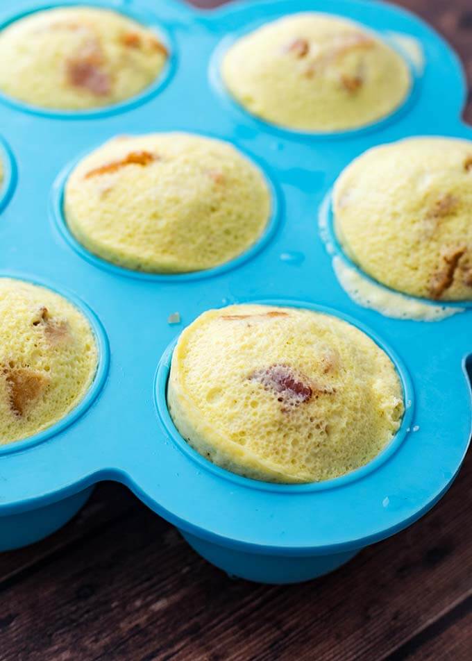 Cooked Egg Bites in a blue silicon mold