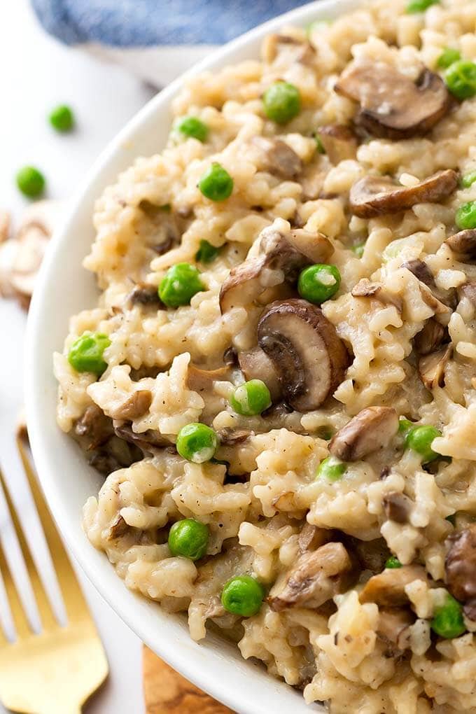 Closeup of Mushroom Risotto with Peas on a white plate