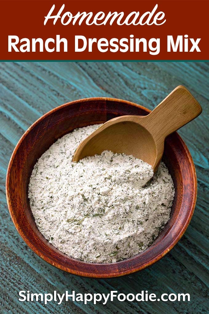 Homemade Ranch Dressing Mix is surprisingly easy to make from spices you may already have in your pantry. This ranch seasoning mix has all of the great ranch flavor, and you control the salt! Use this ranch dressing mix recipe for pot roast, salad dressing, dip, an in many other tasty recipes! simplyhappyfoodie.com #homemaderanchdressingmix #homemaderanchseasoningmix