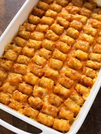 Hotdish Tater Tot Casserole in a white baking dish