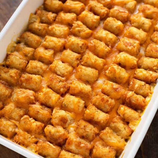 Hotdish Tater Tot Casserole in a white baking dish