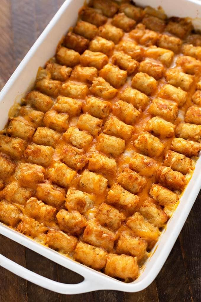 Hotdish Tater Tot Casserole in a white baking dish