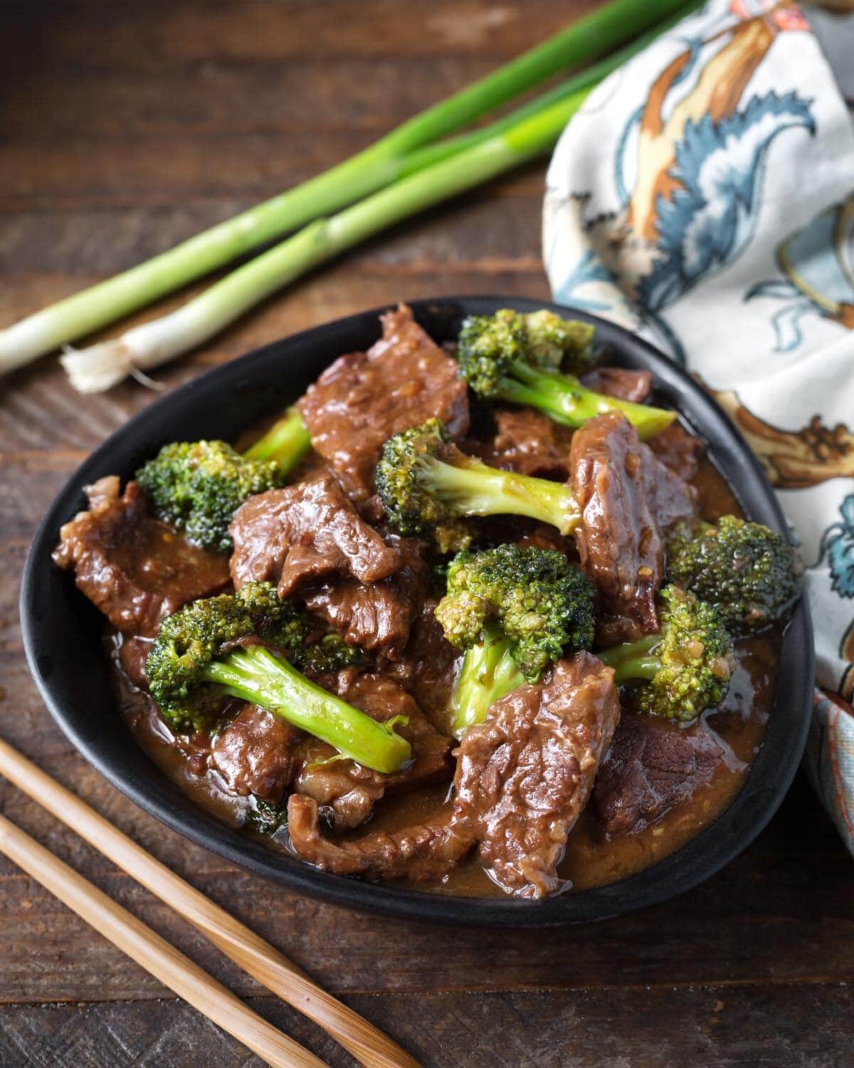 Instant Pot Beef and Broccoli in a black bowl