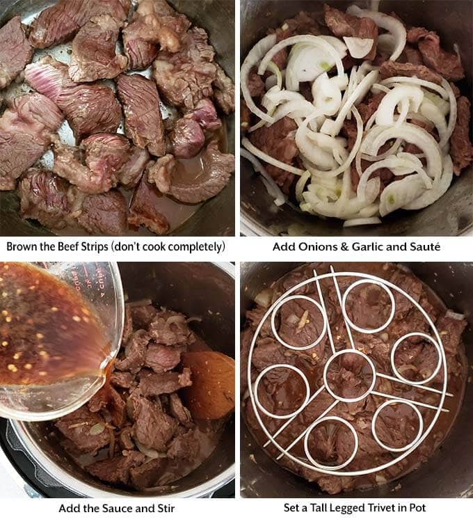 four images showing the process of browning the beef, adding onions and garlic, sauce, and trivet into the pressure cooker