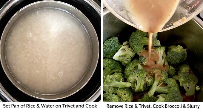 Two process images showing the addition to a pan of rice and water, removing it and cooking the broccoli and slurry