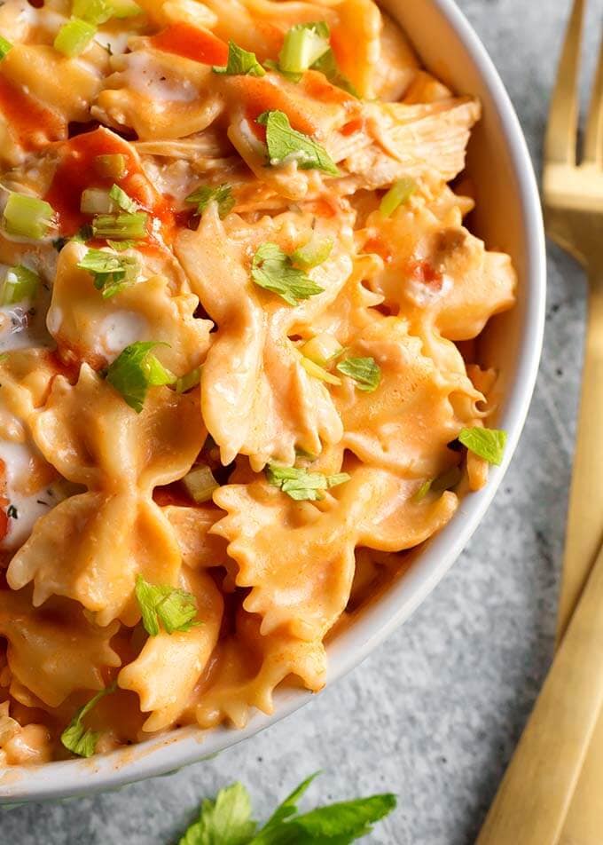 Closeup of Buffalo Chicken Pasta in a white bowl