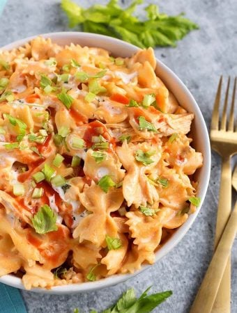 Buffalo Chicken Pasta in a white bowl