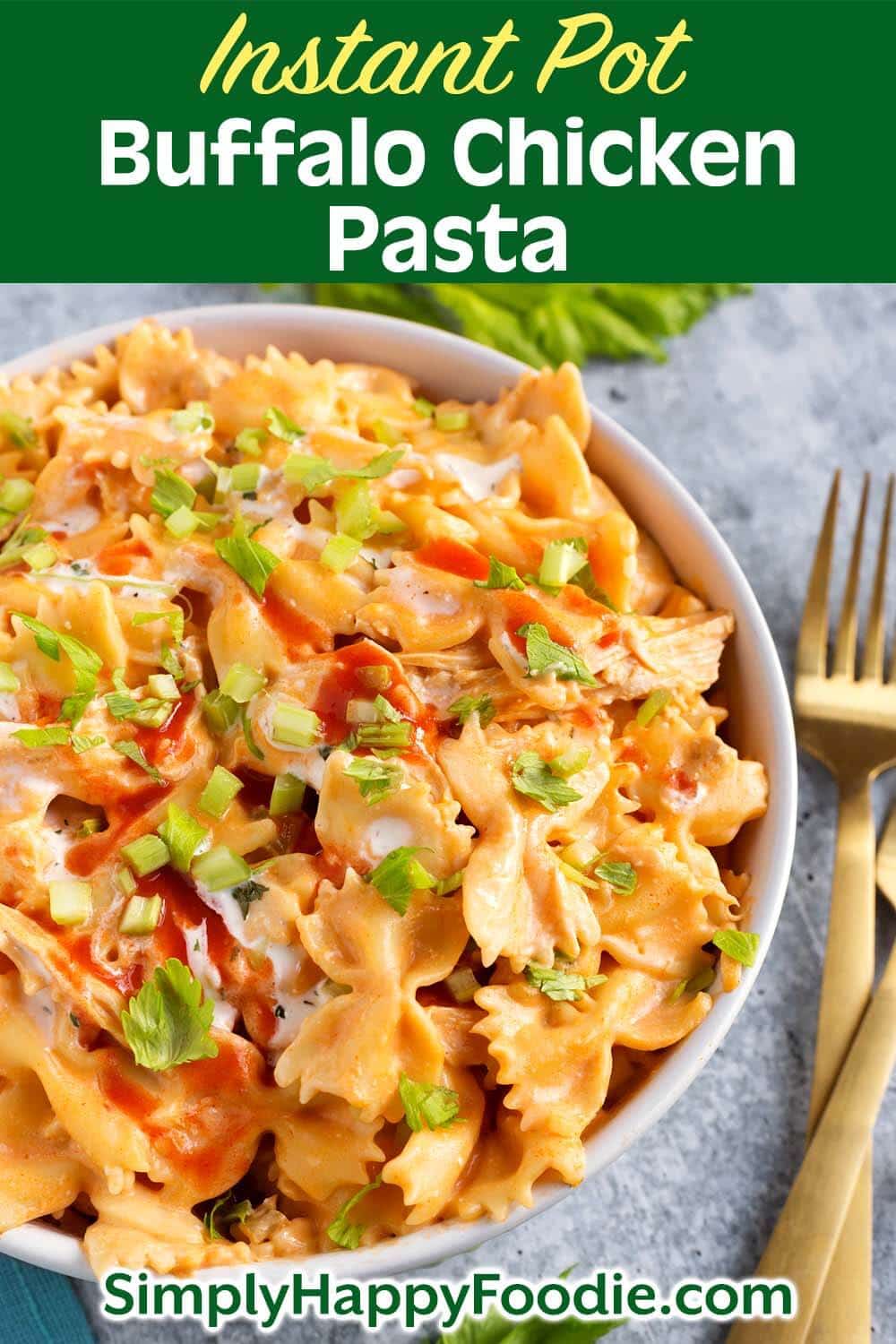 Instant Pot Buffalo Chicken Pasta is zesty, rich, and delicious! The flavor is like that of Buffalo Chicken Wings, only in a bowl of creamy, cheesy pasta! Pressure cooker Buffalo Chicken Pasta is easy to make, and is great for a weeknight meal or a Game Day party! Instant Pot recipes by simplyhappyfoodie.com #instantpotbuffalochickenpasta #pressurecookerbuffalochickenpasta