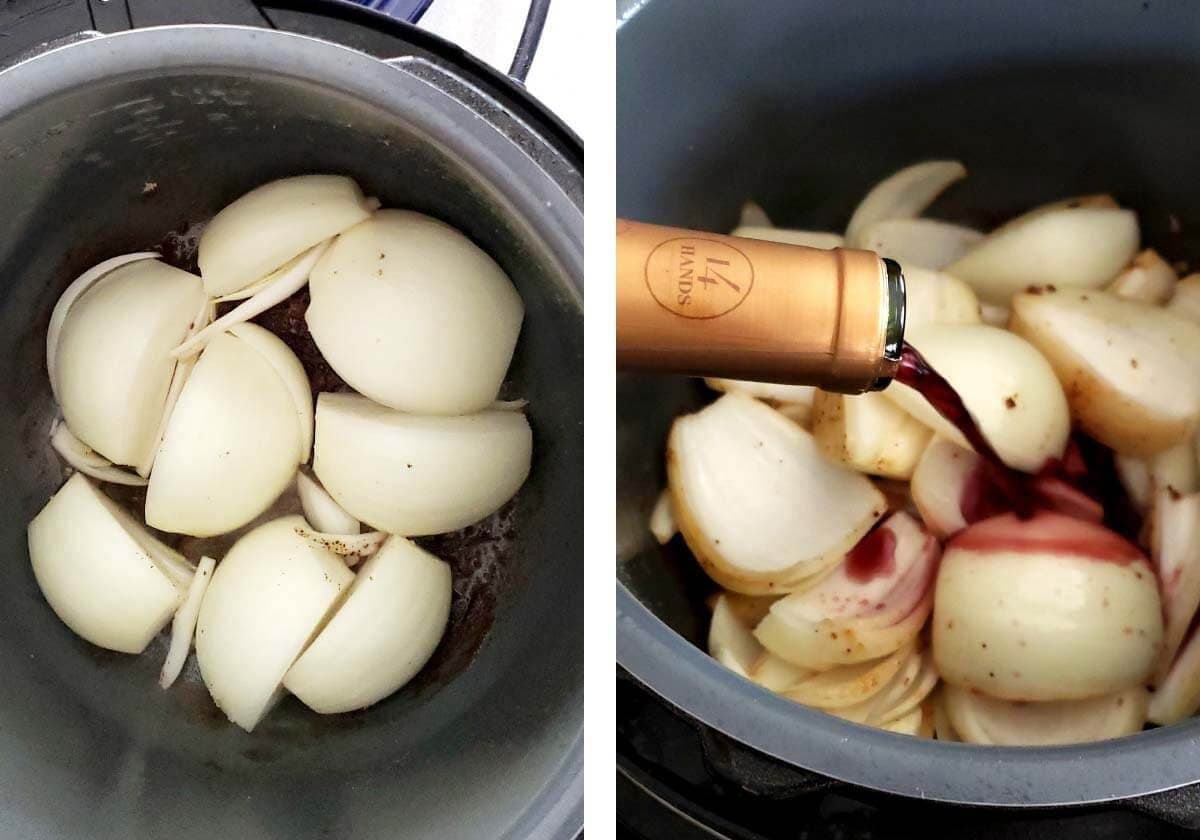 onions searing in pot, pouring red wine in