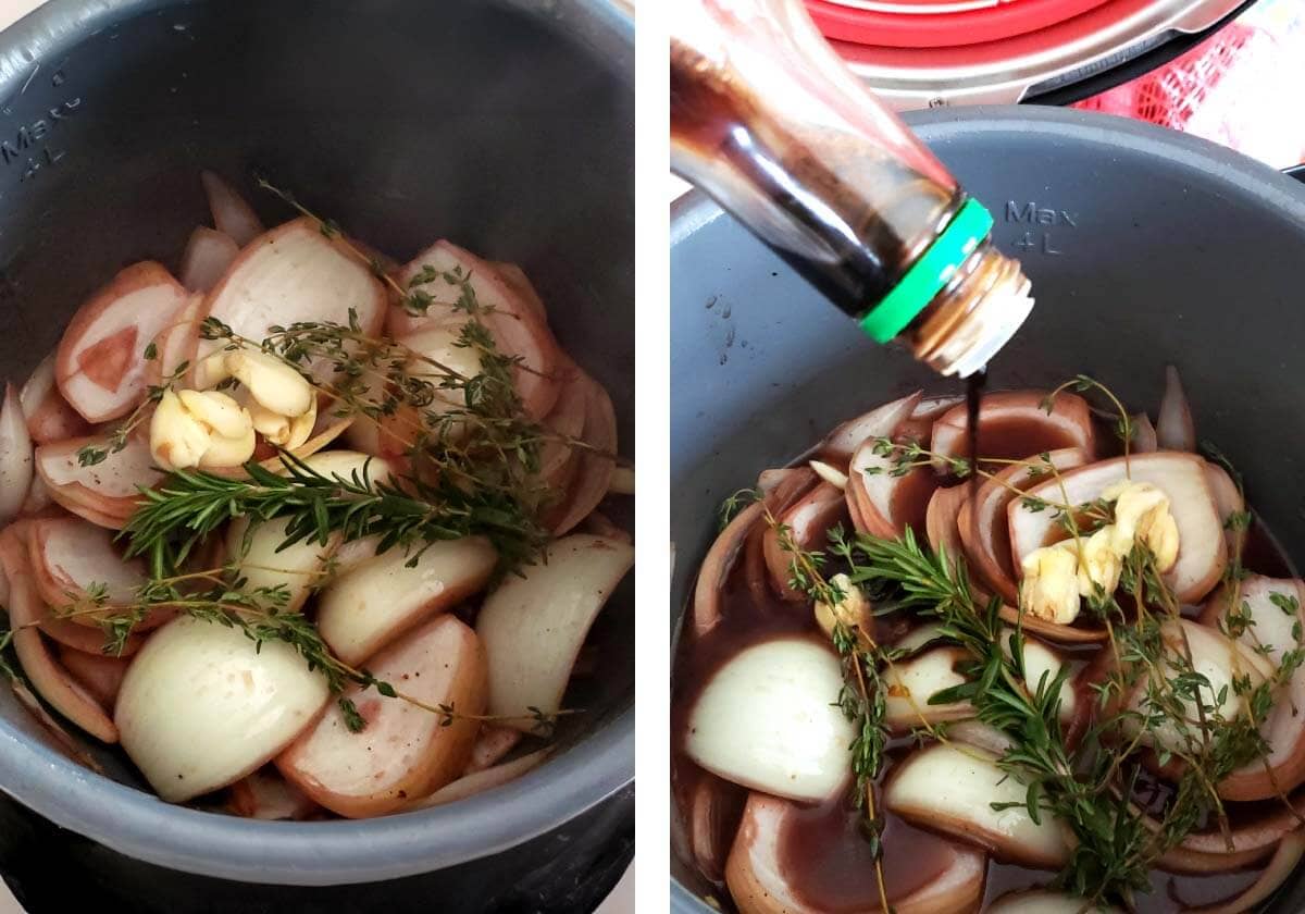 garlic and herbs added, pouring in soy sauce