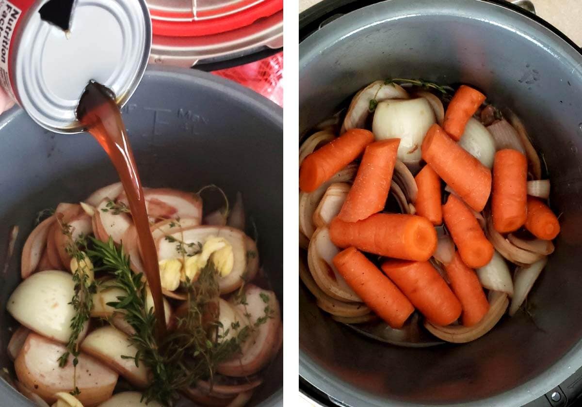 pouring in beef broth, carrots added