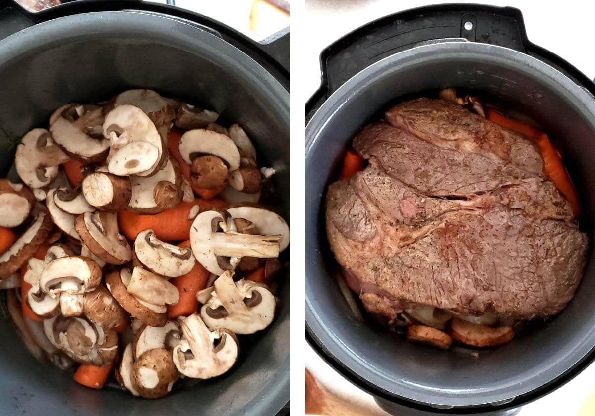 mushrooms added to pot, beef added back in.