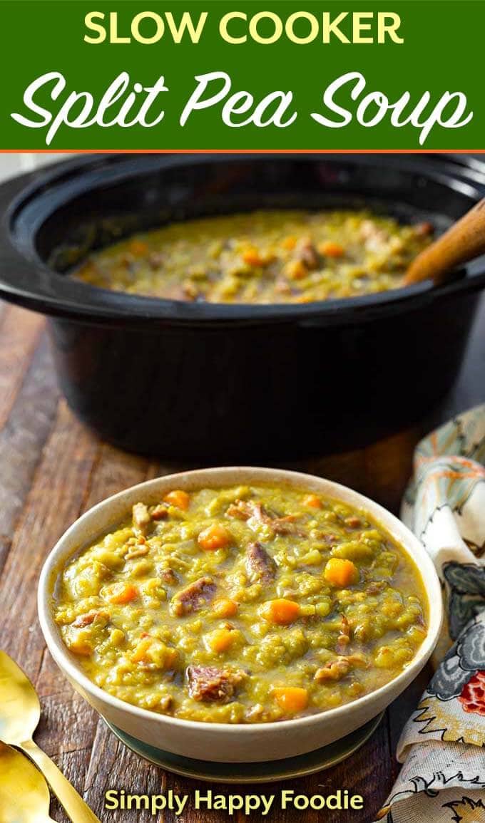 Slow Cooker Split Pea Soup with ham, or without, is a hearty, delicious soup that is pure comfort food! Make this crock pot split pea soup recipe on a chilly day, or anytime you crave a bowl of rich, flavorful classic split pea soup. simplyhappyfoodie.com #slowcookersplitpeasoup #crockpotsplitpeasoup