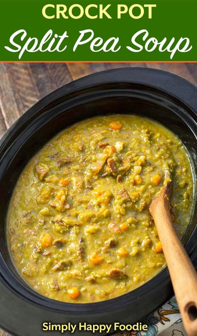 Slow Cooker Split Pea Soup with ham, or without, is a hearty, delicious soup that is pure comfort food! Make this family favorite crock pot split pea soup recipe on a cold day, or any time you crave a bowl of rich, flavorful classic split pea soup. simplyhappyfoodie.com #slowcookersplitpeasoup #crockpotsplitpeasoup