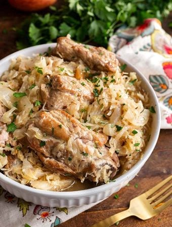 Pork and Sauerkraut in a white bowl