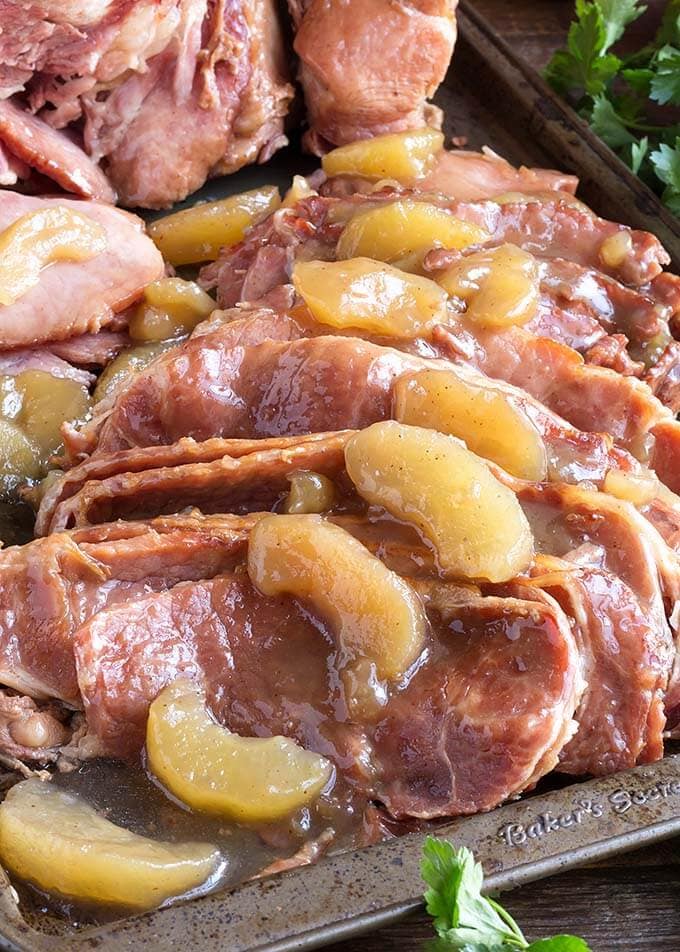 Sliced Apple Pie Ham on a baking sheet