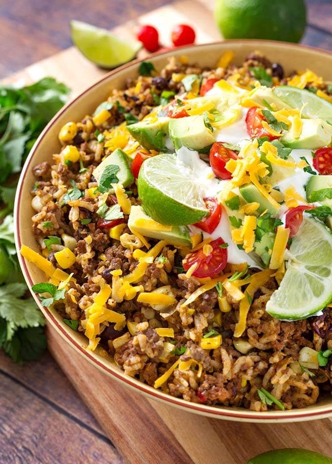 Beef Taco Bowl in a beige bowl