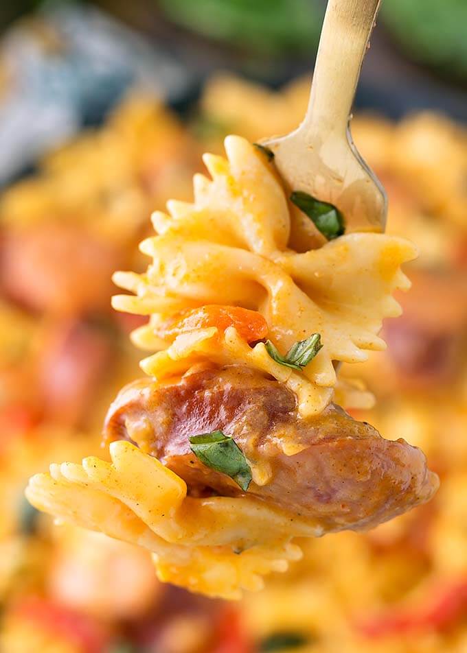 Closeup of forkful of Cajun Pasta 