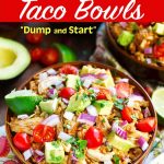 Instant Pot Chicken Taco Bowls with garnishes in brown bowls.