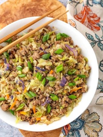 Egg Roll in a Bowl in a white bowl with two bamboo chopsticks