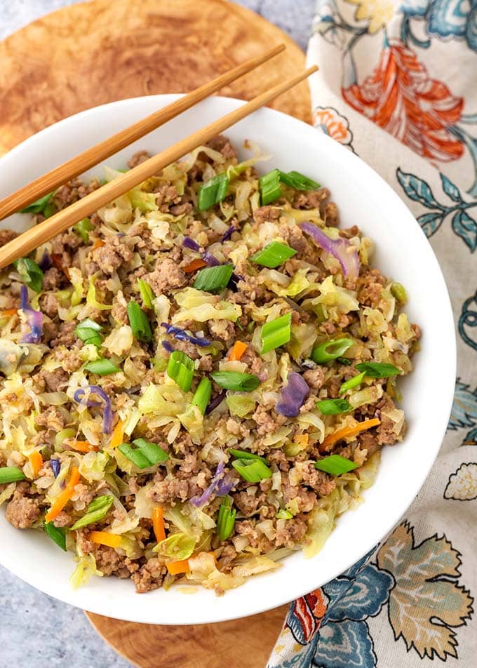 Egg Roll in a Bowl in a white bowl with two bamboo chopsticks