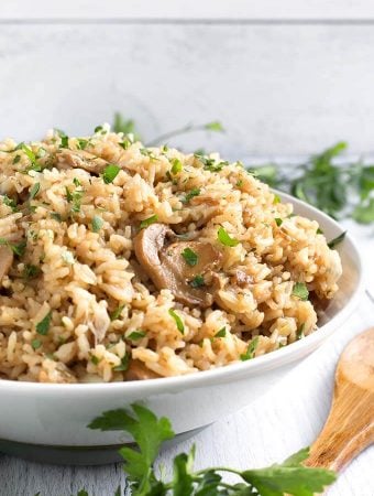 French Onion Rice in a white bowl