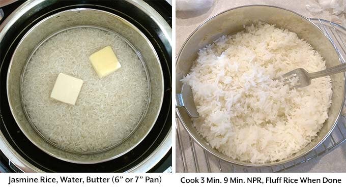 Two process images showing the preparation of the rice in a separate pan to add into the pressure cooker