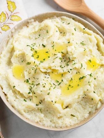 Mashed Cauliflower in a beige bowl