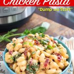 Instant Pot Tuscan Chicken Pasta in a blue bowl