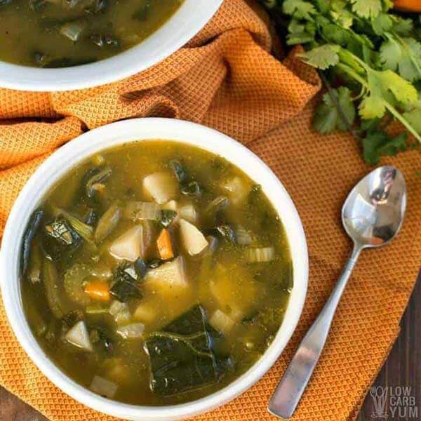 top view of a white bowl of low carb vegetable soup