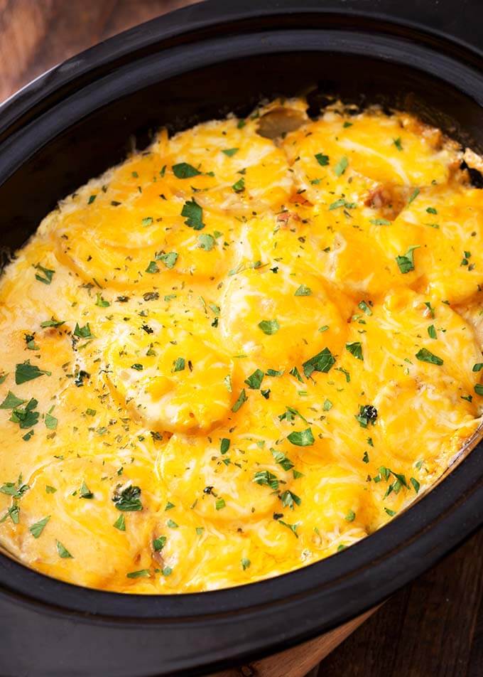 Cheesy Scalloped Potatoes in a slow cooker