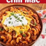 Slow Cooker Chili Mac in a brown bowl