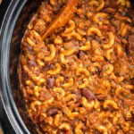 Slow Cooker Chili Mac in a black crock