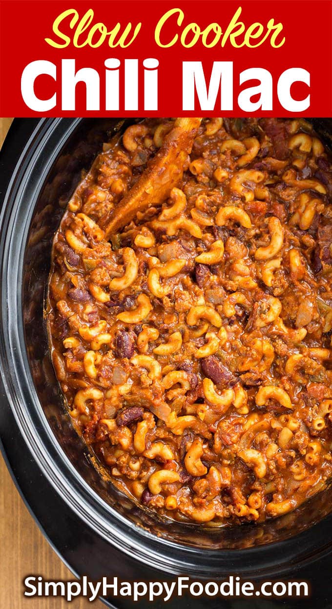 Slow Cooker Chili Mac in a black crock
