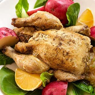 Instant pot mini cornish game hen on a white plate with vegetables