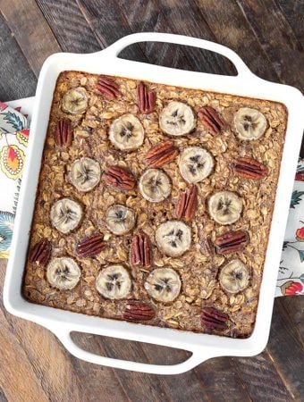 Banana Bread Baked Oatmeal in a white square baking dish