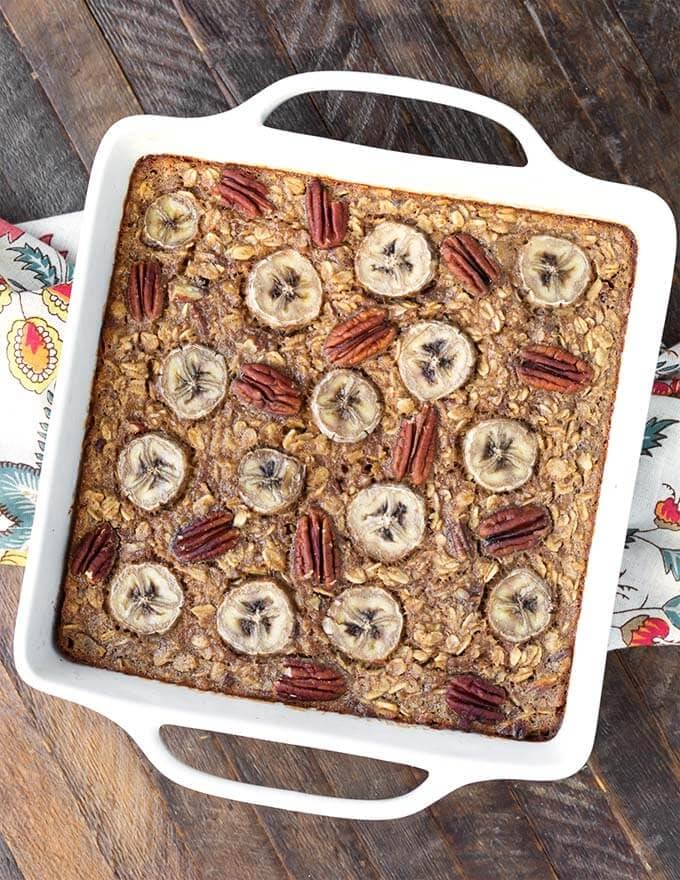 Banana Bread Baked Oatmeal in a white square baking dish