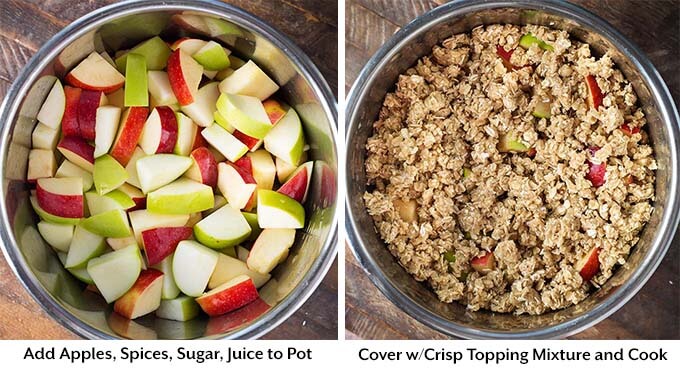 two images showing chopped apples then covered with topping mixture both in pressure cooker pots