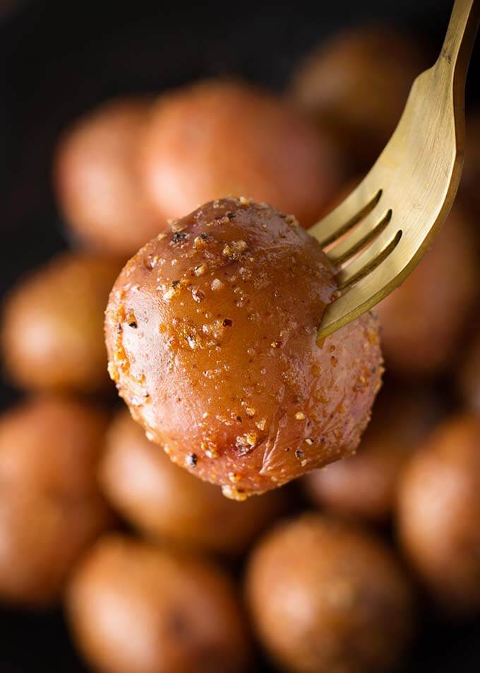 Close up of fork holding Baby Potato