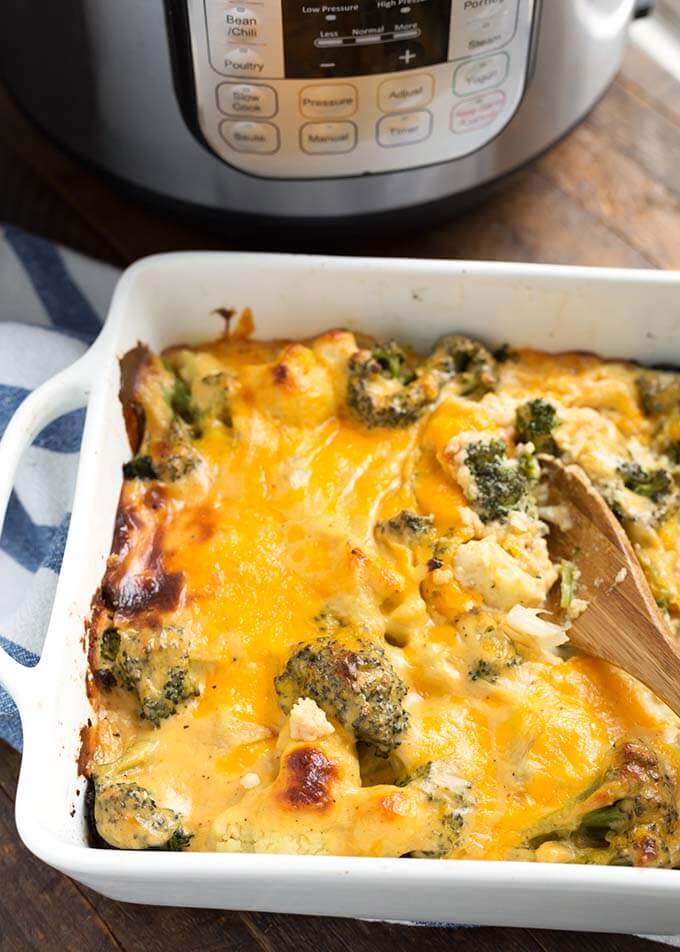 Broccoli Cauliflower Cheese Bake in a white baking dish