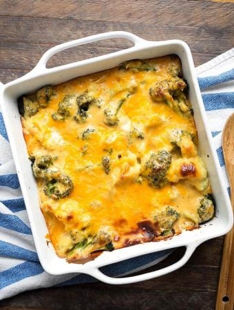 Broccoli Cauliflower Cheese Bake in white square baking dish