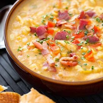 instant pot chicken corn chowder in a brown bowl