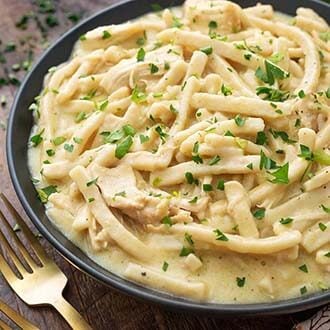 instant pot chicken noodles on a black plate