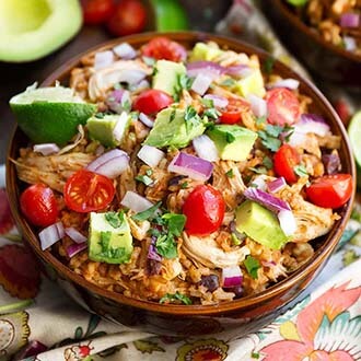 instant pot chicken taco bowl in a brown bowl