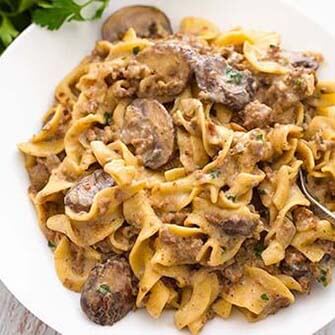 hamburger stroganoff on a white plate