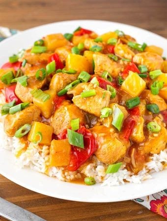 Hawaiian Chicken and Rice on a white plate